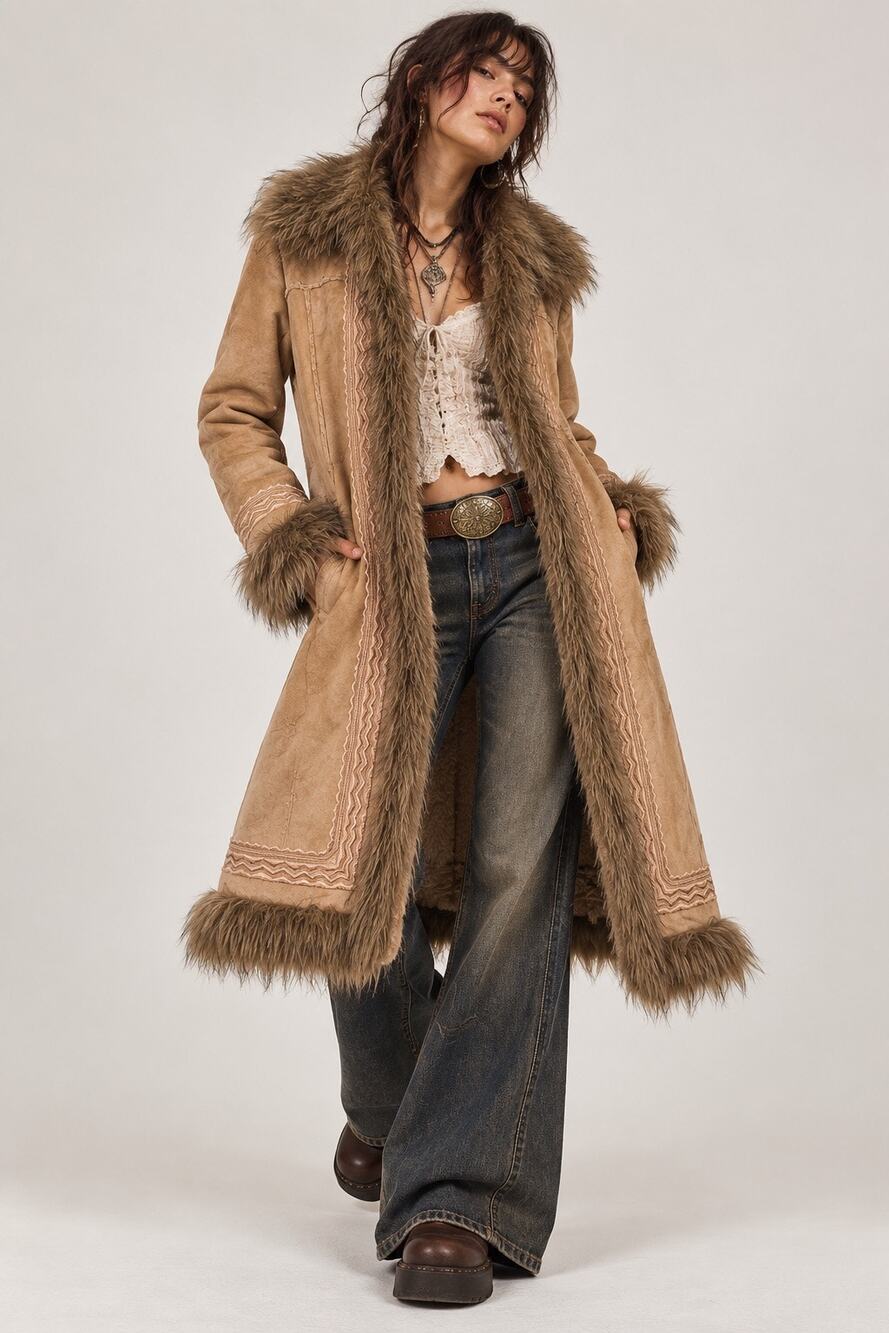 Vintage Quick Reflex Faux Fur Faux Suede Coat S Y2K Penny Lane Boho Fall Retro